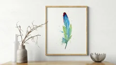 Image of a feather watercolor painting by Shayna Larsen, originals & prints available