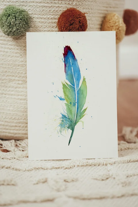 Image of a feather watercolor painting by Shayna Larsen, originals & prints available