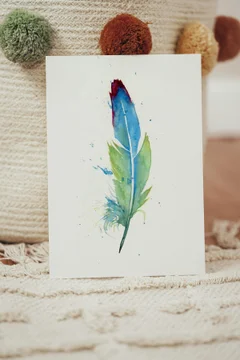 Image of a feather watercolor painting by Shayna Larsen, originals & prints available