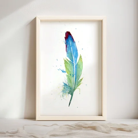 Image of a feather watercolor painting by Shayna Larsen, originals & prints available