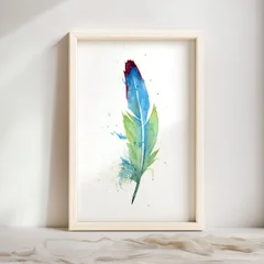 Image of a feather watercolor painting by Shayna Larsen, originals & prints available