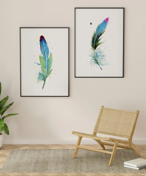Image of a feather watercolor painting by Shayna Larsen, originals & prints available