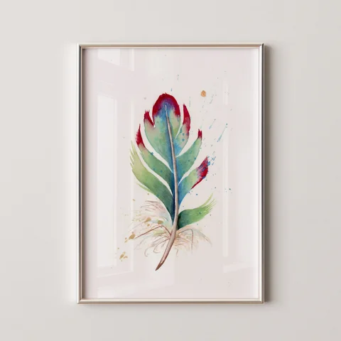 Image of a feather watercolor painting by Shayna Larsen, originals & prints available
