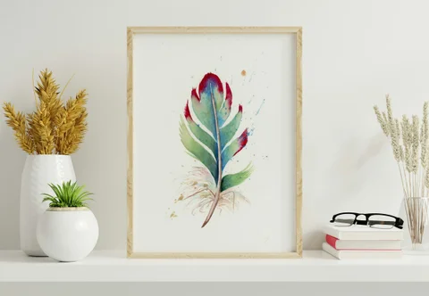 Image of a feather watercolor painting by Shayna Larsen, originals & prints available
