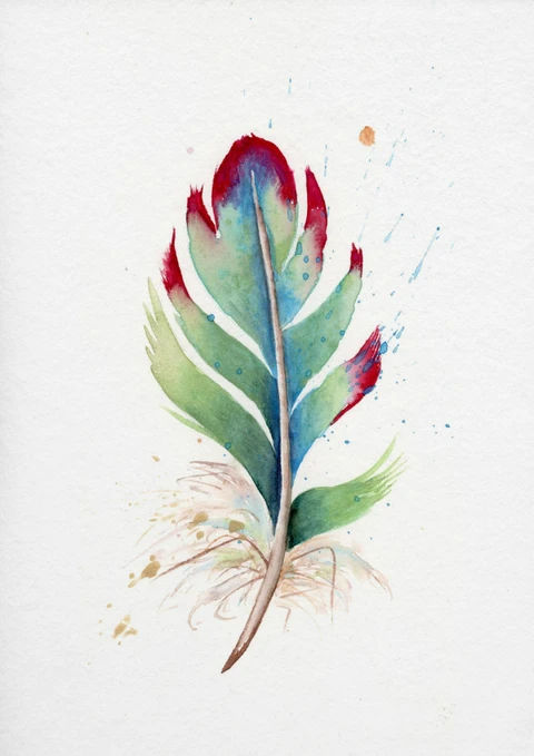 Image of a feather watercolor painting by Shayna Larsen, originals & prints available