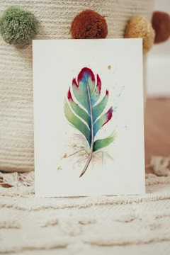 Image of a feather watercolor painting by Shayna Larsen, originals & prints available