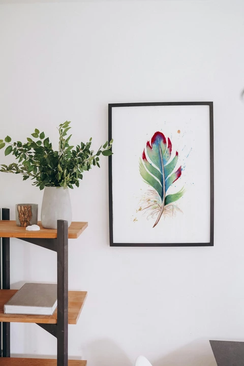 Image of a feather watercolor painting by Shayna Larsen, originals & prints available