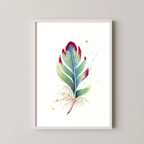 Image of a feather watercolor painting by Shayna Larsen, originals & prints available