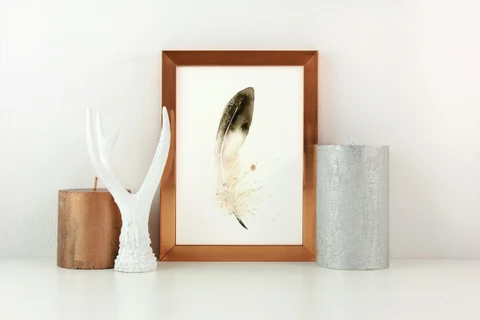Image of a feather watercolor painting by Shayna Larsen, originals & prints available