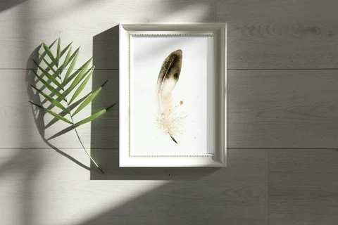 Image of a feather watercolor painting by Shayna Larsen, originals & prints available
