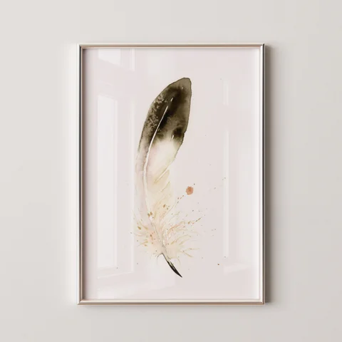 Image of a feather watercolor painting by Shayna Larsen, originals & prints available