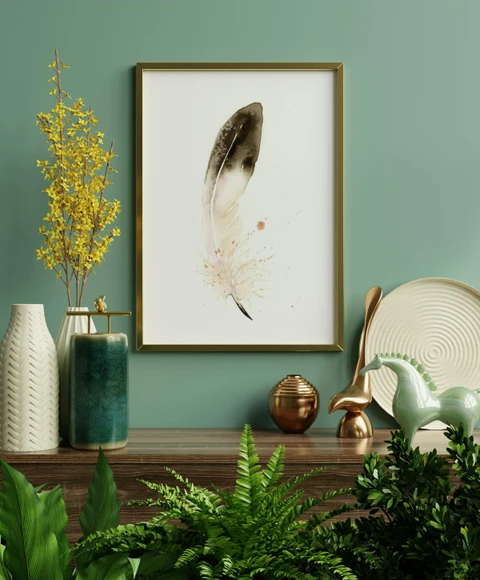 Image of a feather watercolor painting by Shayna Larsen, originals & prints available