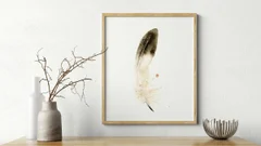Image of a feather watercolor painting by Shayna Larsen, originals & prints available
