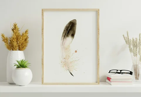 Image of a feather watercolor painting by Shayna Larsen, originals & prints available