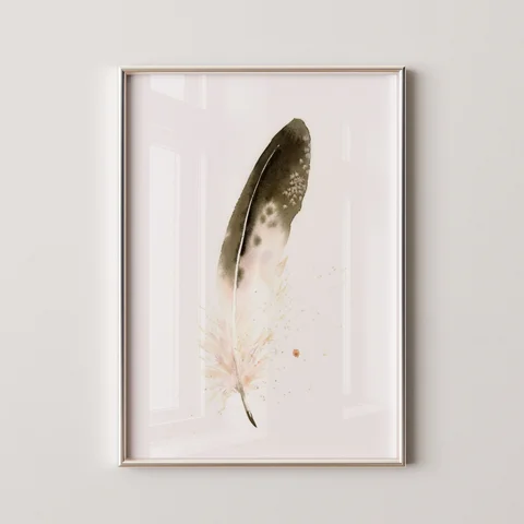 Image of a feather watercolor painting by Shayna Larsen, originals & prints available