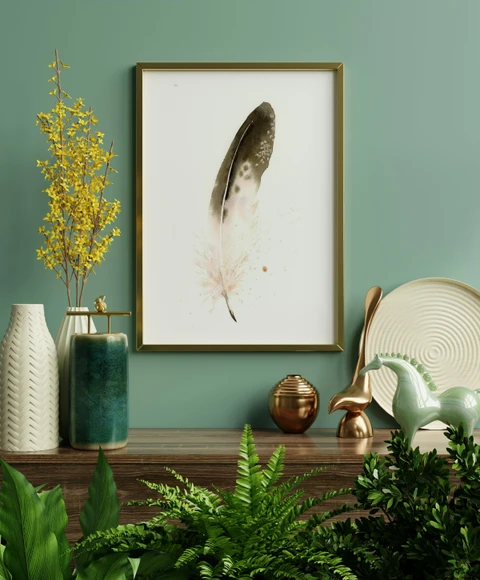 Image of a feather watercolor painting by Shayna Larsen, originals & prints available