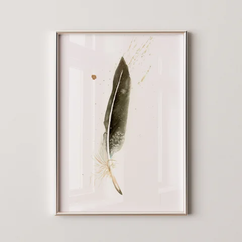 Image of a feather watercolor painting by Shayna Larsen, originals & prints available