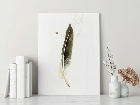Image of a feather watercolor painting by Shayna Larsen, originals & prints available