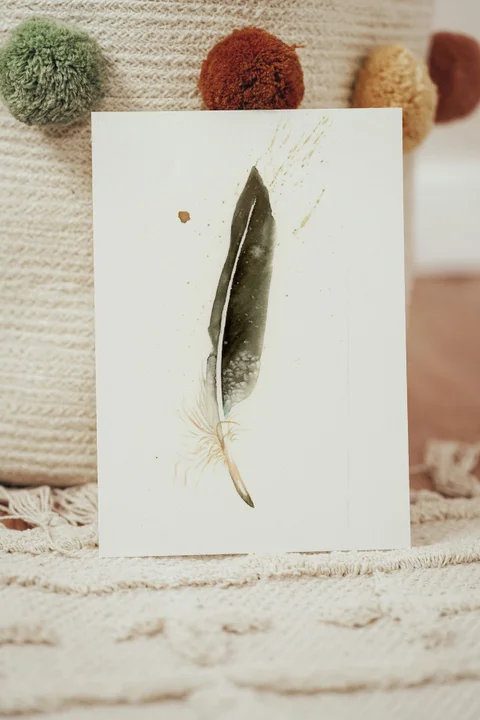 Image of a feather watercolor painting by Shayna Larsen, originals & prints available