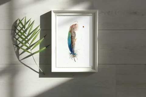 Image of a feather watercolor painting by Shayna Larsen, originals & prints available