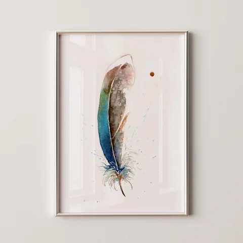 Image of a feather watercolor painting by Shayna Larsen, originals & prints available