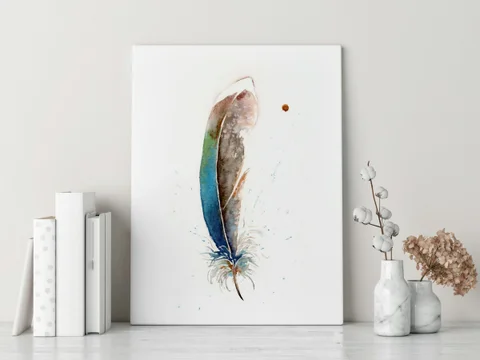 Image of a feather watercolor painting by Shayna Larsen, originals & prints available