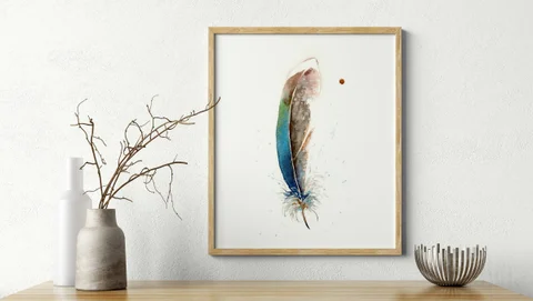 Image of a feather watercolor painting by Shayna Larsen, originals & prints available