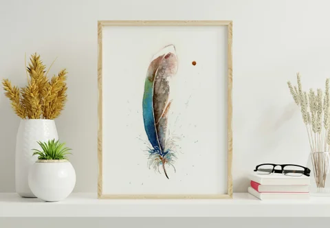 Image of a feather watercolor painting by Shayna Larsen, originals & prints available
