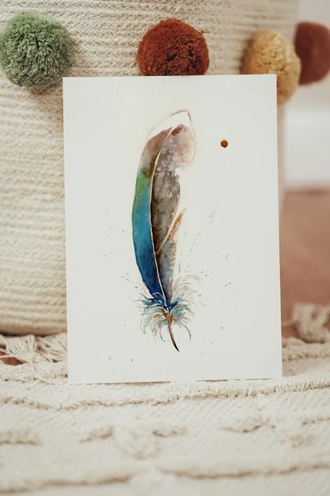 Image of a feather watercolor painting by Shayna Larsen, originals & prints available