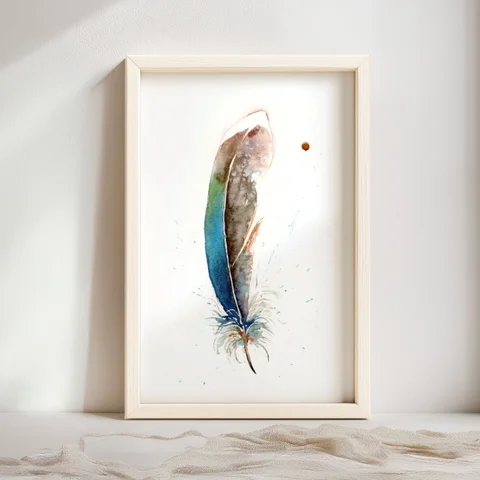 Image of a feather watercolor painting by Shayna Larsen, originals & prints available