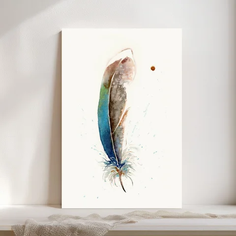 Image of a feather watercolor painting by Shayna Larsen, originals & prints available