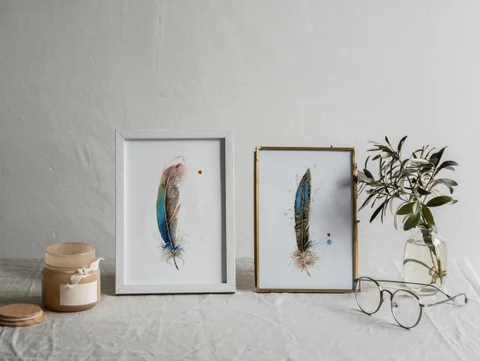Image of a feather watercolor painting by Shayna Larsen, originals & prints available