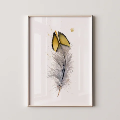 Image of a feather watercolor painting by Shayna Larsen, originals & prints available