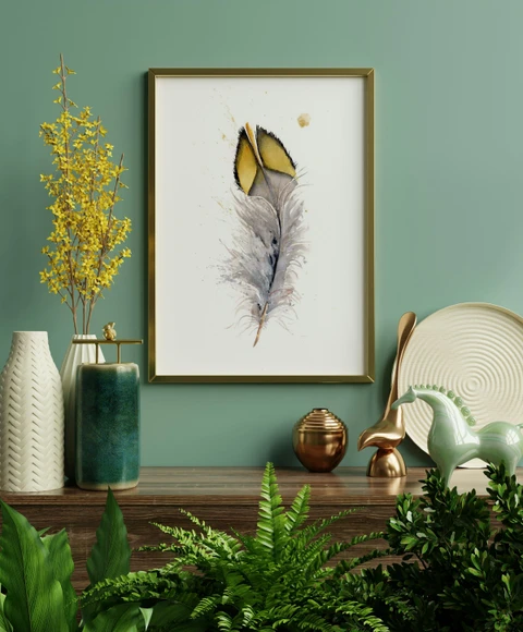 Image of a feather watercolor painting by Shayna Larsen, originals & prints available