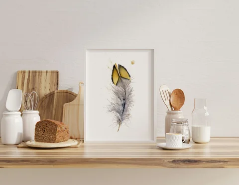 Image of a feather watercolor painting by Shayna Larsen, originals & prints available