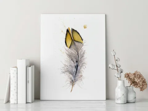 Image of a feather watercolor painting by Shayna Larsen, originals & prints available
