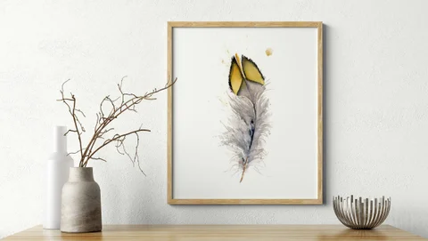 Image of a feather watercolor painting by Shayna Larsen, originals & prints available