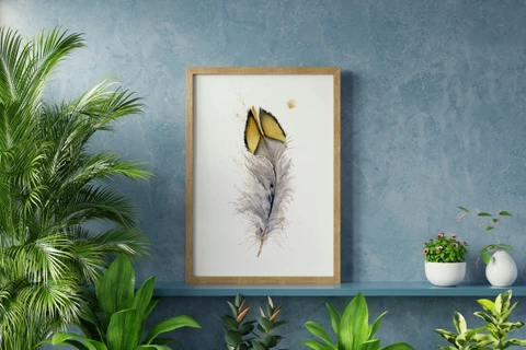 Image of a feather watercolor painting by Shayna Larsen, originals & prints available