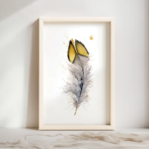 Image of a feather watercolor painting by Shayna Larsen, originals & prints available