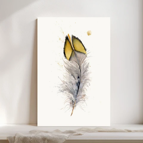 Image of a feather watercolor painting by Shayna Larsen, originals & prints available