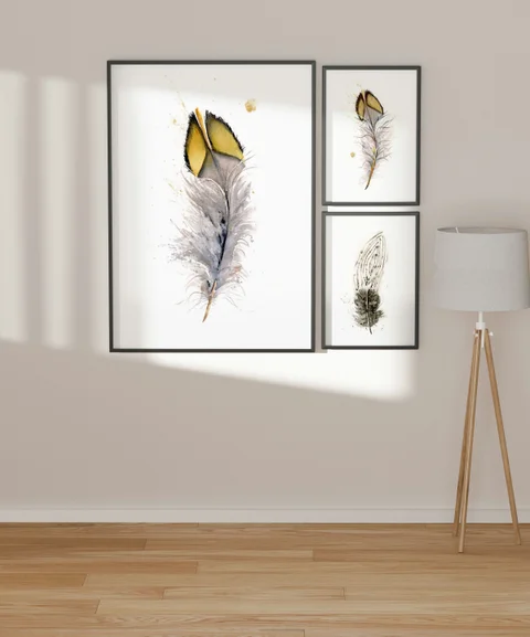 Image of a feather watercolor painting by Shayna Larsen, originals & prints available
