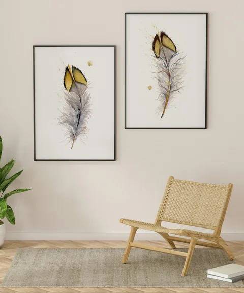 Image of a feather watercolor painting by Shayna Larsen, originals & prints available