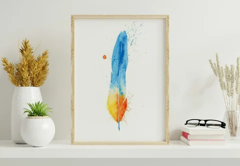 Image of a feather watercolor painting by Shayna Larsen, originals & prints available