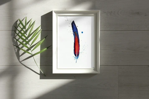Image of a feather watercolor painting by Shayna Larsen, originals & prints available
