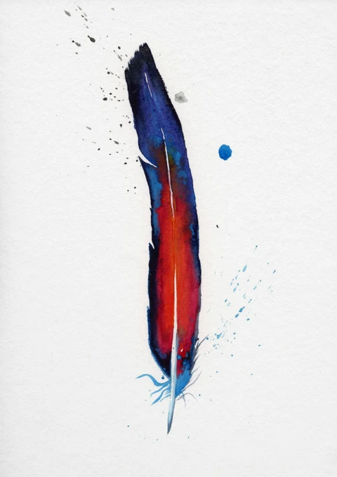 Image of a feather watercolor painting by Shayna Larsen, originals & prints available