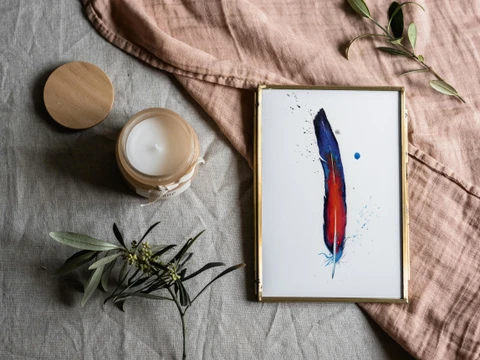 Image of a feather watercolor painting by Shayna Larsen, originals & prints available