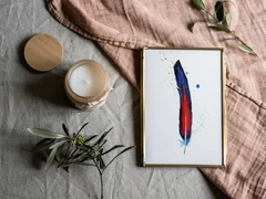 Image of a feather watercolor painting by Shayna Larsen, originals & prints available