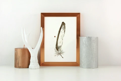 Image of a feather watercolor painting by Shayna Larsen, originals & prints available