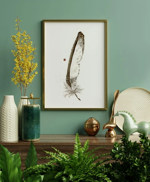 Image of a feather watercolor painting by Shayna Larsen, originals & prints available