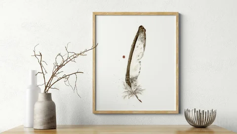 Image of a feather watercolor painting by Shayna Larsen, originals & prints available